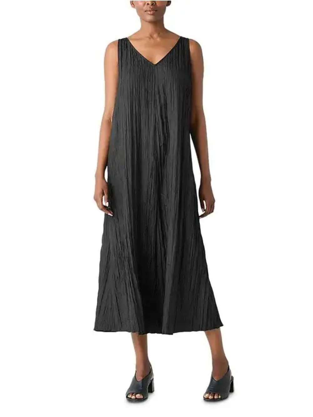 Eileen Fisher 100% Silk Black Crinkled V-Neck Maxi Dress